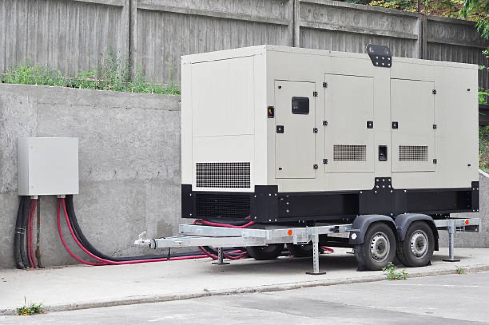 Towable diesel generator connected on site with distribution cable